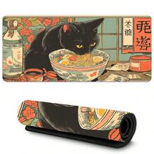 1件装黑猫爱拉面店卡通艺术大号游戏鼠标垫，光滑键盘垫，带缝边桌面垫，防滑橡胶底座鼠标垫，电脑配件，适用于办公室和家庭 - 彩色 - 查看 2