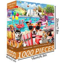 1盒1000片拼图 - 小狗派对，尺寸70厘米 x 50厘米，油画风景，成人减压拼图，装饰艺术品，完美礼物（情人节、生日） - 彩色 - 查看 3