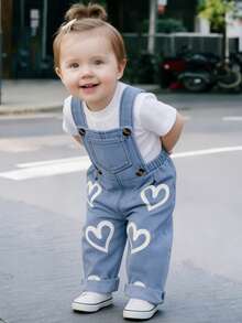 Baby Girls' Heart Print Casual Versatile Denim Bib Pants - Medium Wash - View 5