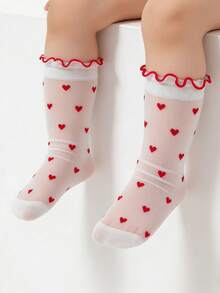 1 Pair Baby/Toddler Girls' Heart Pattern Mid-Calf Socks, Breathable Mesh Stockings, Heart Element, Versatile Daily All-Match Socks, Spring/Summer - Red and White - View 3