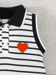Baby Girls Cute Striped Heart Embroidery Collar Dress, Casual Daily Dress For Little Girls - Black - View 5