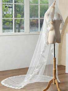 1 Peça Véu Longo de Noiva de Alta Qualidade de Camada Única de 3M, Acessório de Vestido de Casamento Estilo Francês Vintage - A - Visão 1
