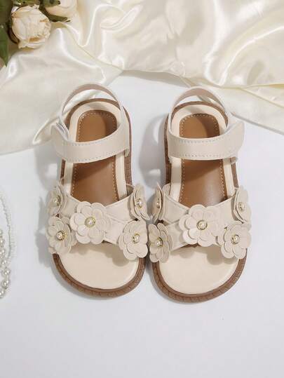Girls' Sandals, Soft Bottom Hook And Loop Non-Slip Wear-Resistant, Handmade 3D Flower & Pearl Decor Open Toe Low-Top, Flat Princess Style Summer Beige PU Leather Children Casual Sandals