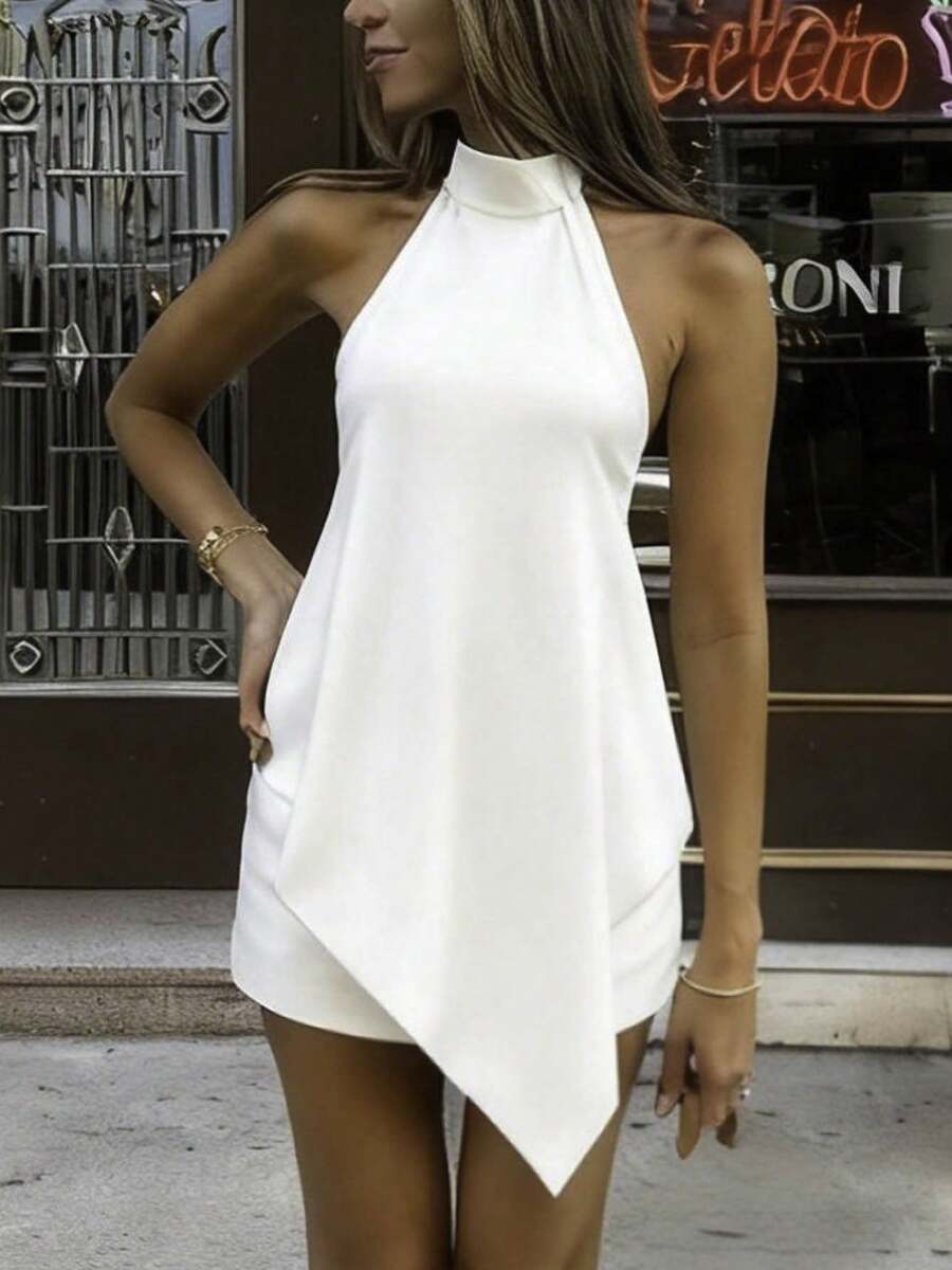 Women Y2k Satin Halter Neck Tops Open Back Silk Tank Top Asymmetrical Cami Going Out Tops Pink/Black/White Elegant Camisole Tops Summer Party Club Streetwear Rave Outfit Concert Outfit - 白色 - 查看 1