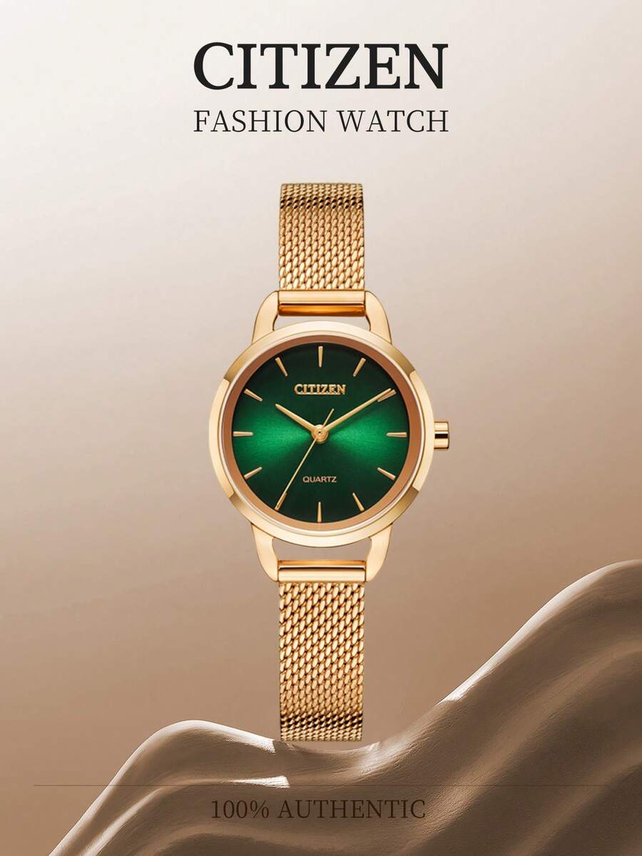 CITIZEN 26毫米女士石英模拟腕表，玫瑰金不锈钢表带，休闲及正装皆宜，绿色表盘 - 綠色 - 查看 1