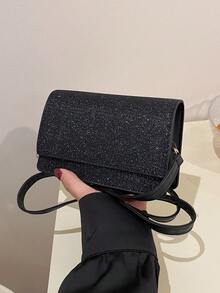 Fashionable Shiny Small Crossbody Bag For Women, Minimalist Sequin Square Shoulder Bag - Black - View 1