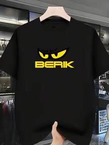 Men Retro Streetwear T-Shirt Vibrant Yellow Eye Print Bold BERIK Lettering Regular Fit Crew Neck Short Sleeve Machine Washable All-Season Casual Top For Casual Attire Comfortable Fit Breathable Fabric - Black - View 2
