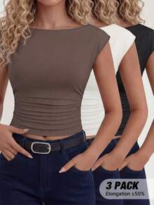 JTI 3pcs Y2K Pleated Waist Camisole, Boat Neck Fitted Vest, Basic Elegant Office Workwear - Multicolor - View 1