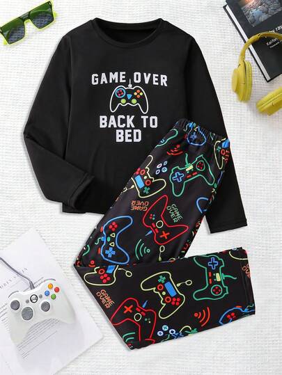 Boys' Round Neck Long Sleeve Long Pants Pajama Set With Game Controller Graphic Print, Suitable For All Seasons Loungewear