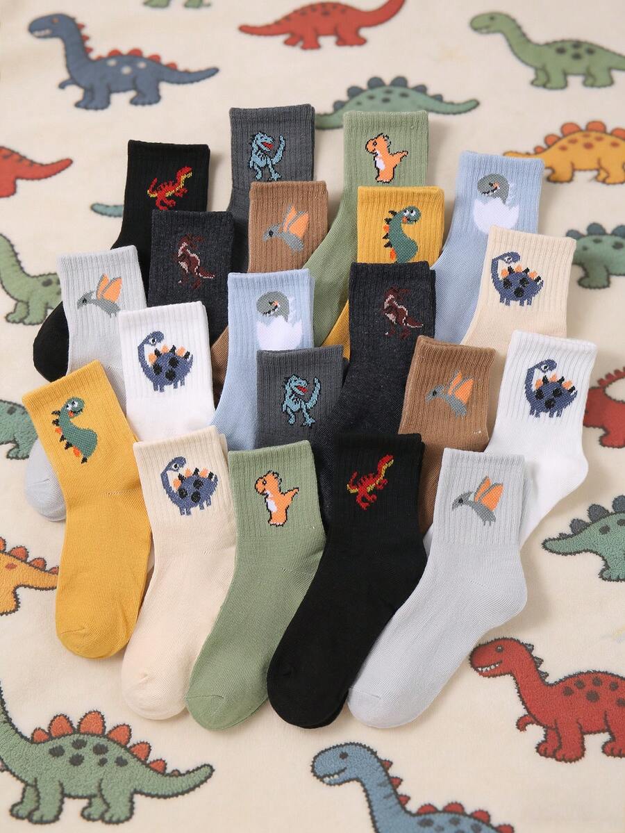 20 Pairs Kids Dinosaur Pattern Knee High Socks, Fashionable Casual Suitable For Boys And Girls, All Season Wear - Multicolor - View 1