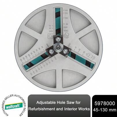  Wolfcraft Adjustable Hole Saw 45-130 Mm, Multi-Size Circular Cutter For Refurbishment And Interior Work, Ideal For Socket, Pipe And Vent Openings, One Tool For Multiple Diameters