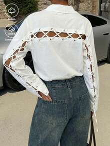 White Relaxed Fit Button Up Blouse | Tie Cuff Flap Pocket Shirt For Date & Brunch - White - View 3