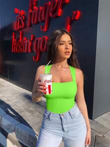 OQQ 3 Piece Bodysuits For Women Sexy Ribbed Strappy Square Neck Stretch Tank Tops Bodysuits - 黑,螢光粉,螢光綠 - 查看 3