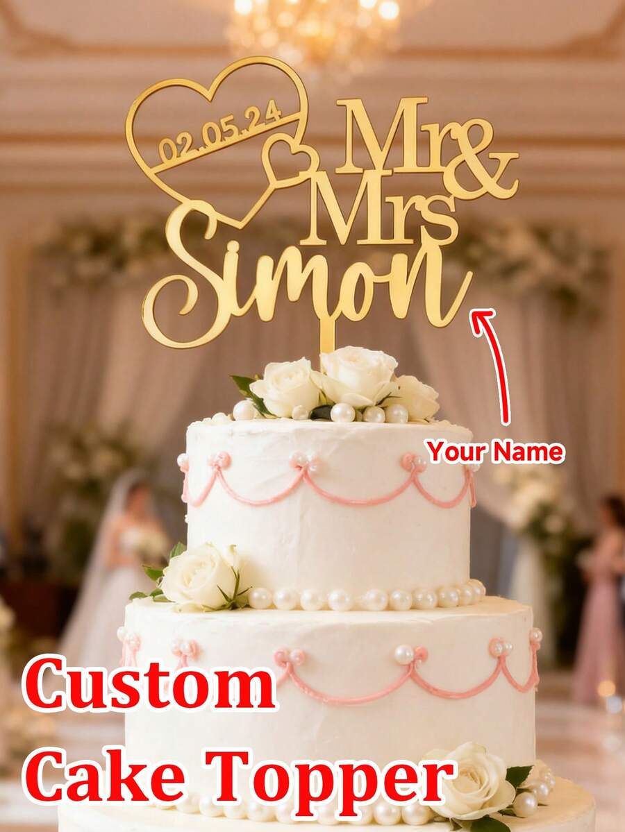 1/3/5pcs Personalized "Bride & Groom" Heart-Shaped Acrylic Wedding Cake Topper, With Names And Date, Best Gift For Newlyweds, Wedding Anniversary, Party Decor, Wedding Cake Decoration, Customized Cake Topper, Rustic Wedding Cake Decor ,Kitchen Utensils, Bachelorette Party, Wedding Merch - Multicolor - View 1