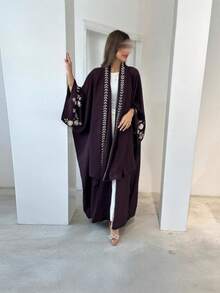 1件纯色刺绣袖口+附带刺绣披肩设计穆斯林套装，简约风格，适合日常穿着，也适合外出和聚会。 - 彩色 - 查看 4