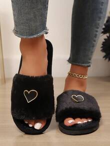 新款女士简约时尚爱心装饰毛绒露趾拖鞋，舒适蓬松家居拖鞋，适合室内/卧室/客厅穿着，春秋季皆宜。 - 黑色 - 查看 3