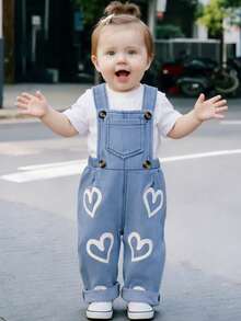 Baby Girls' Heart Print Casual Versatile Denim Bib Pants - Medium Wash - View 4