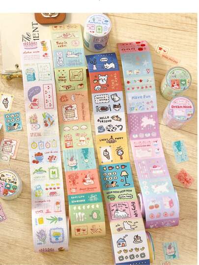 1 rulle söt tecknad mönstrad washitejp, dekorativ maskeringstejp för scrapbooking, gör-det-själv-pyssel, brevpapper, bullet journaling