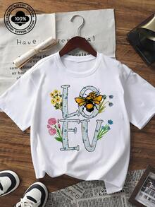 Camiseta feminina de manga curta com estampa floral de abelha fofa e a palavra "LOVE" (amor). Blusa casual de gola redonda, ideal para o verão, macia, confortável e com caimento solto para uso diário e streetwear. - Branco - Ver 6