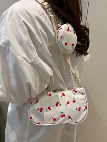 Set de 2 piezas de bolso bandolera con estampado de flores de cerezo, bolso cuadrado mini con estampado geométrico para el Día de San Valentín con monedero, bolso cuadrado con estampado vintage de Body completo - Rojo y blanco - Ver 2