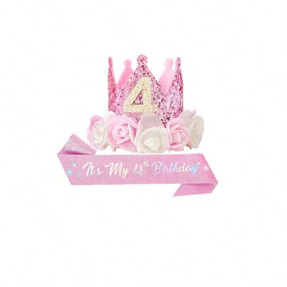 一套婴儿生日派对用品，闪光面料和缎面材质，适合2/3/4/5岁宝宝生日，包括皇冠头饰、花冠头饰、印有“It's My Birthday”字样的缎带腰带、5英寸发箍，公主风派对用品，庆典服装配饰