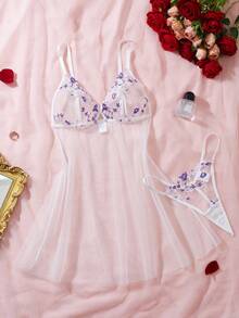 两件套女士性感睡袍套装，薄纱花卉设计，可调节吊带内衣套装 - 彩色 - 查看 11
