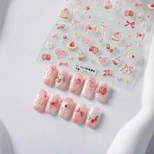 5D Embossed Nail Art Stickers Se--Adhesive Nail Decals Pink Strawberry Cake Nail Stickers For Nail Art With Cute Bow Heart Design Acrylic Nails Supplies For Women Manicure Decorations - style13 - 查看 3