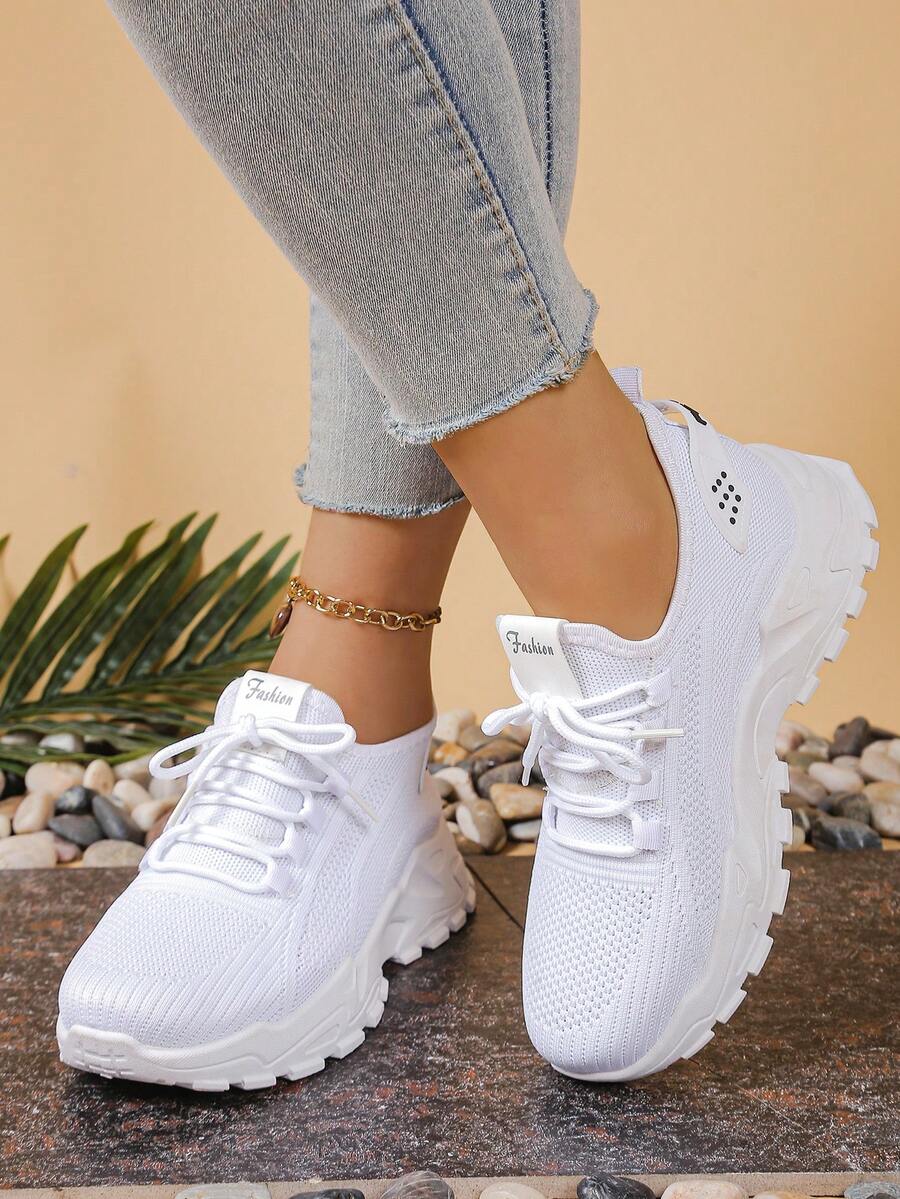 Women's Solid Color Mesh Knit Lightweight Versatile INS Style White Sneakers, Summer Casual Sports Chunky Sneakers, Size Runs Half Size Large!
