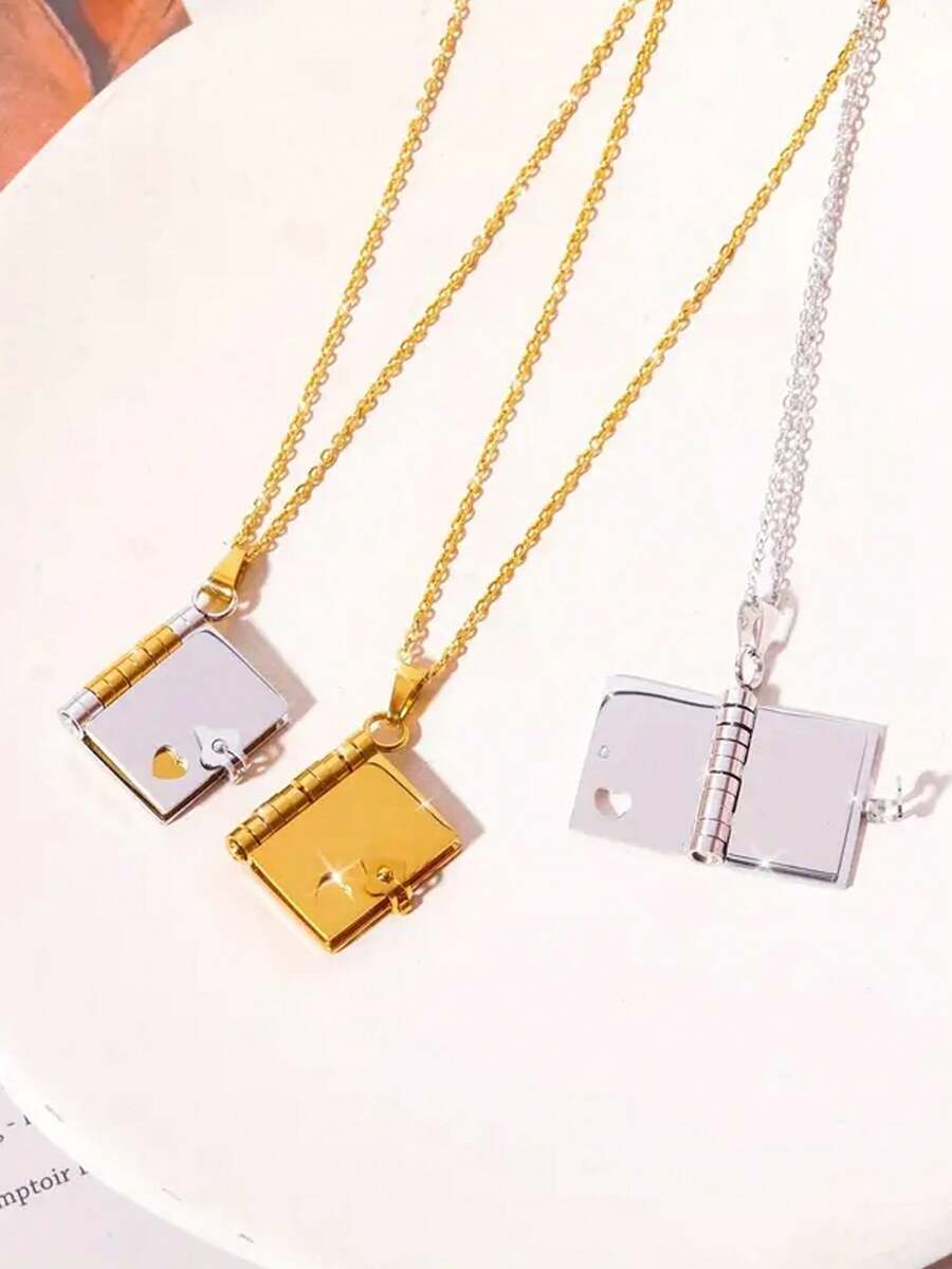 1 chiếc mặt dây chuyền hình trái tim tối giản bằng thép không gỉ, quà tặng Ngày Valentine/Sinh nhật kèm dây chuyền - dây chuyền mặt hình cuốn sách - Xem 1