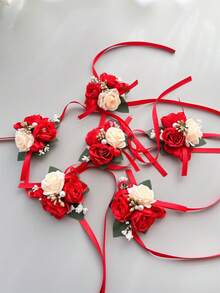 1pc/6pcs Artificial Silk Rose Flower Bride Wrist Corsage Bridesmaid Sister Women Hand Flowerwedding Flowers Cup Gift Table Party Deocration - Red - View 11