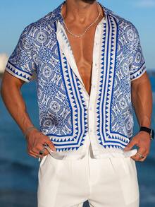 Áo sơ mi nam in họa tiết gạch men Địa Trung Hải, chất liệu lụa màu xanh dương, thích hợp cho kỳ nghỉ, họa tiết Baroque Sicilia, áo sơ mi cao cấp cho khu nghỉ dưỡng. - Nhiều màu - Xem 2