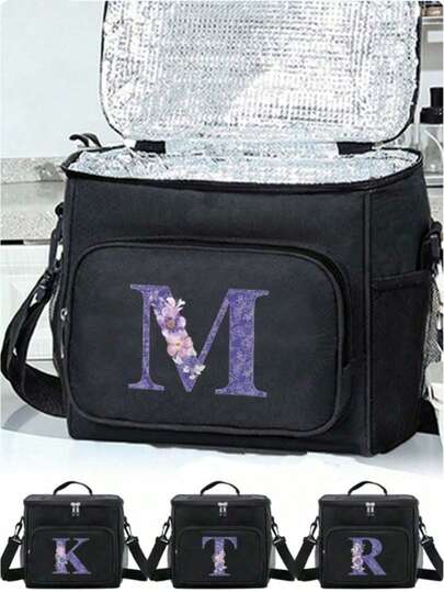 Túi đựng cơm trưa cách nhiệt dung tích lớn, in chữ hoa màu tím, có quai đeo vai và túi đá | Hộp đựng thức ăn giữ nhiệt hai lớp dành cho nam và nữ | Dùng cho công việc, văn phòng, trường học, đại học, dã ngoại, phòng tập thể dục, câu cá | Chống rò rỉ, dễ vệ sinh, nhẹ, có thể tái sử dụng, vật dụng cần thiết cho việc chuẩn bị bữa ăn, túi đựng cơm bento