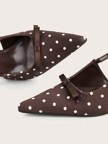 Coffee Polka Dot Bow Tie Pointed Toe Slip-On High Heel Pumps, Elegant Office/Commute Shoes - Coffee Brown - View 4