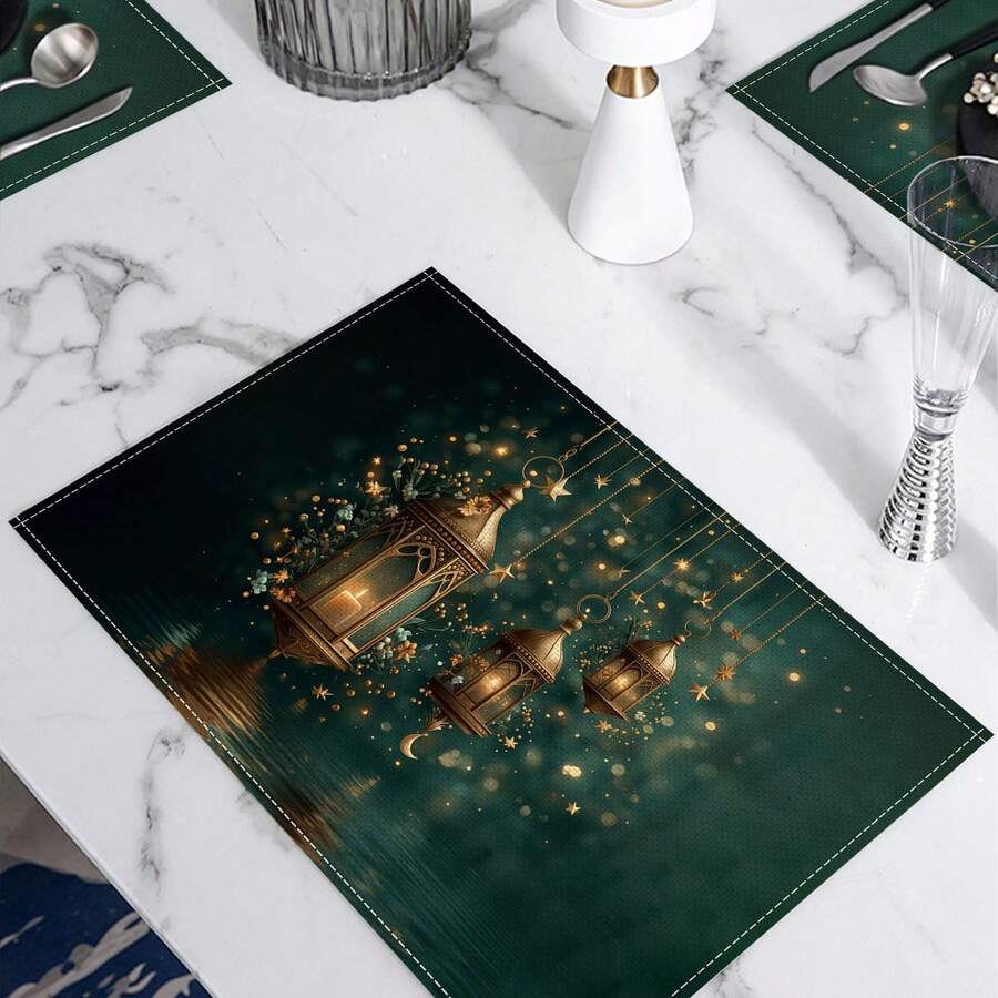 2/4/6/8pcs Round, Flower, Rectangular Ramadan Linen Placemats, 3pcs Copper-Tone Lantern, Star, Water Pattern Tabletop Decor, Arabic Festival Dining Table Decor, Tablecloth, Placemats, Coasters For Home Party, Kitchen - Multicolor - View 1