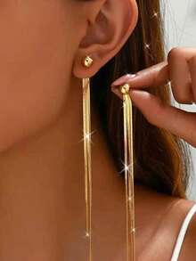 1 par de pendientes de flecos de acero inoxidable dorado, pendientes colgantes elegantes de lujo, pendientes largos adecuados para uso diario y fiestas - Dorado - Ver 2