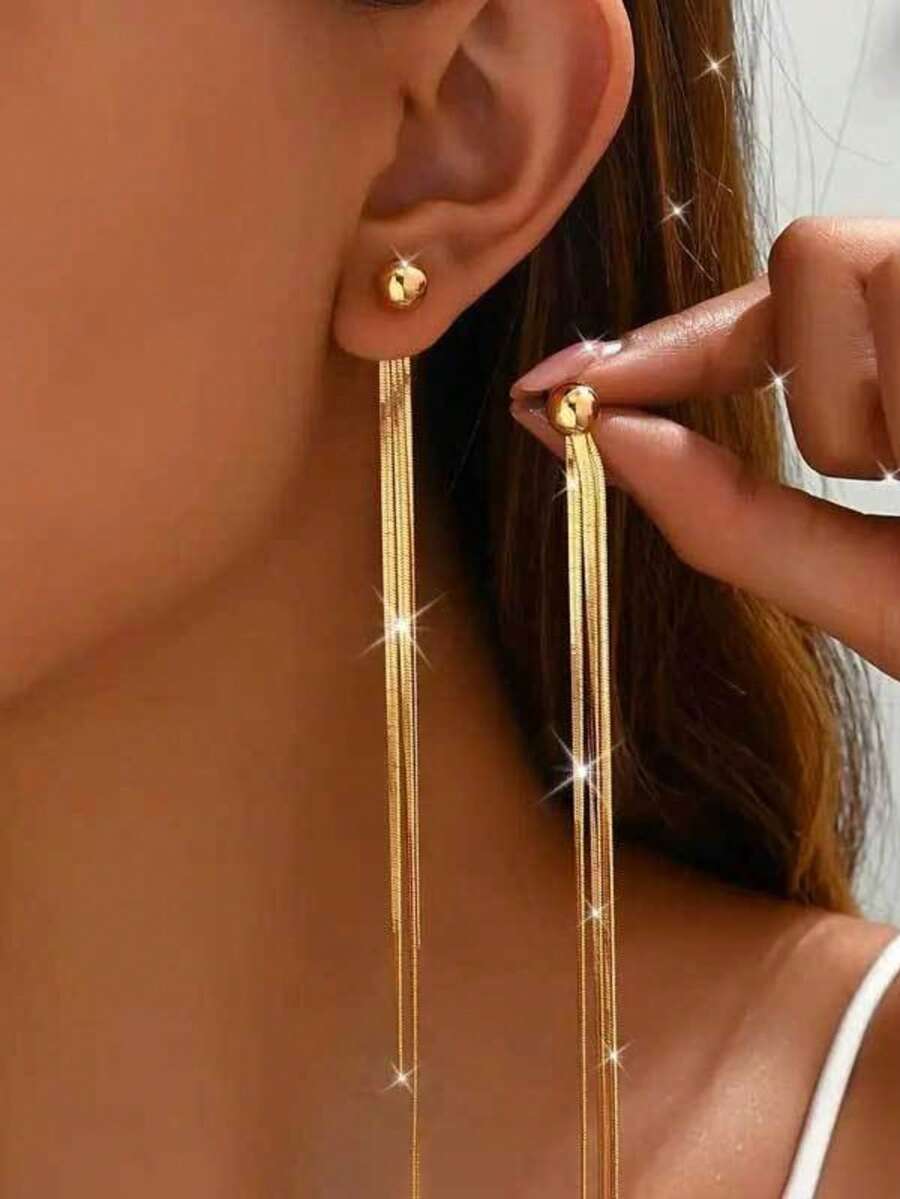 1 par de pendientes de flecos de acero inoxidable dorado, pendientes colgantes elegantes de lujo, pendientes largos adecuados para uso diario y fiestas