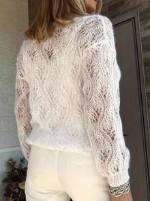 Women's Knitted Sheer Hollow-Out Long Sleeve Top, Suitable For Dates, Vacations, And Everyday Wear, Spring/Summer White - White - View 3