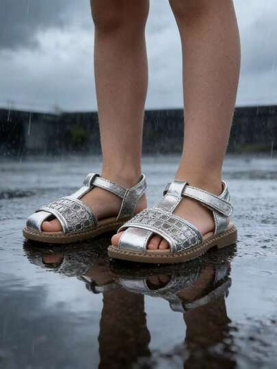 1 Pair Kids Sandals, Girls Fashion Casual Beach Shoes, Soft Bottom Non-Slip Toddler Shoes, Quick Dry, Stylish PU Leather Lining, Rubber Outsole, Suitable For Beach And Outdoor Activities, Adjustable Hook And Loop Closure, Closed Toe Design