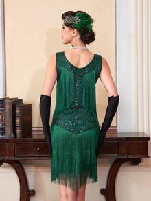 Vestido de fiesta con flecos y decoración de lentejuelas en escote en V, estilo Flapper de los años 20, con set de accesorios - Verde - Ver 9