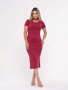 Vestido Feminino Canelado Midi Fenda lateral Casual e Elegante Manga Curta - Terra cota - Visão 3