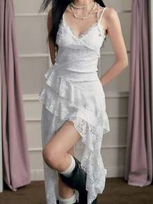 White Lace Irregular Dress Women Elegant Spring Summer Vacation Outfits Sexy V Neck Ruffle Wedding Guest Party Dresses Valentine's Day Date Night Dress - White - View 12