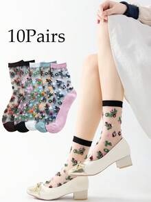 10 Pairs Women's Sheer Lace Trim Ankle Socks, Lightweight Breathable Mesh Socks, Cute Long Socks, Suitable For Autumn - Multicolor - View 13