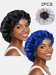 1入組女士雙層緞面睡眠帽，適用於美容，護髮，化療，配有可調節扣環，適用於日常使用的絲綢帽，緞帽 - 黑色 - 查看 12