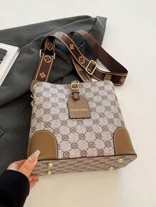 复古时尚小众单肩斜挎宽肩带大容量水桶包 - 灰色 - 查看 6