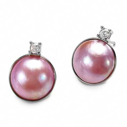Da'ra 13-14mm Pink Seawater Mabe Pearl 925 Sterling Silver Earrings, Bordered With Sparkling Diamonds, Rounded Pearl Body Fits Comfortably Against Ear, Every Glance Is Heartwarming. Order Includes Custom Gift Box, Turning The Warmth Of The Deep Sea Into A Personalized Earscape.