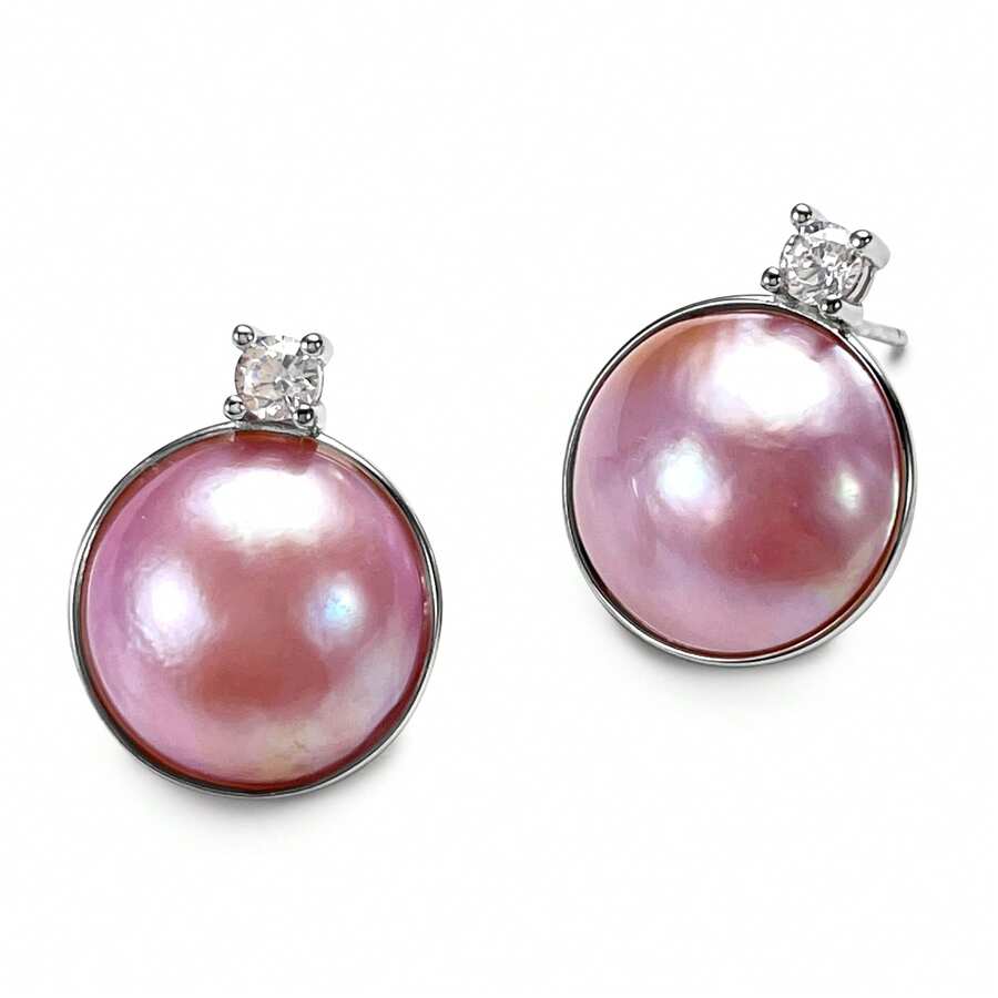 Da'ra 13-14mm Pink Seawater Mabe Pearl 925 Sterling Silver Earrings, Bordered With Sparkling Diamonds, Rounded Pearl Body Fits Comfortably Against Ear, Every Glance Is Heartwarming. Order Includes Custom Gift Box, Turning The Warmth Of The Deep Sea Into A Personalized Earscape. - Baby Pink - View 1
