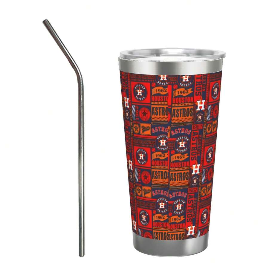 304 Stainless Steel Double Silver Edge Vacuum Insulated Drum 340g - Reusable Travel Cup With Stainless Steel Straw - This Is A Stainless Steel Water Cup About The Houston Baseball Astros  Theme - Leak Proof, Sweat Proof, Can Maintain Hot And Cold Temperatures For Hours, Frees Of Bisphenol A, Suitable For Car Cup Holders, Very Suitable For Match Days, Sports Events, Commuting, Office Rest And Outdoor Activities, Durable Double Wall Structure Fashionable Fan Gift - Silver - View 1