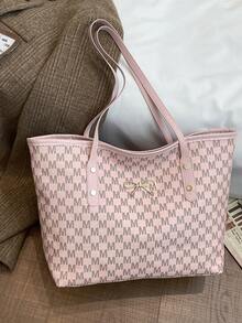 简约时尚大容量手提包，饰有蝴蝶结，拉链开口，轻巧纯色，配有双提手和肩带。适合女性日常生活、休闲、通勤、工作和学生使用。 - 粉色 - 查看 1