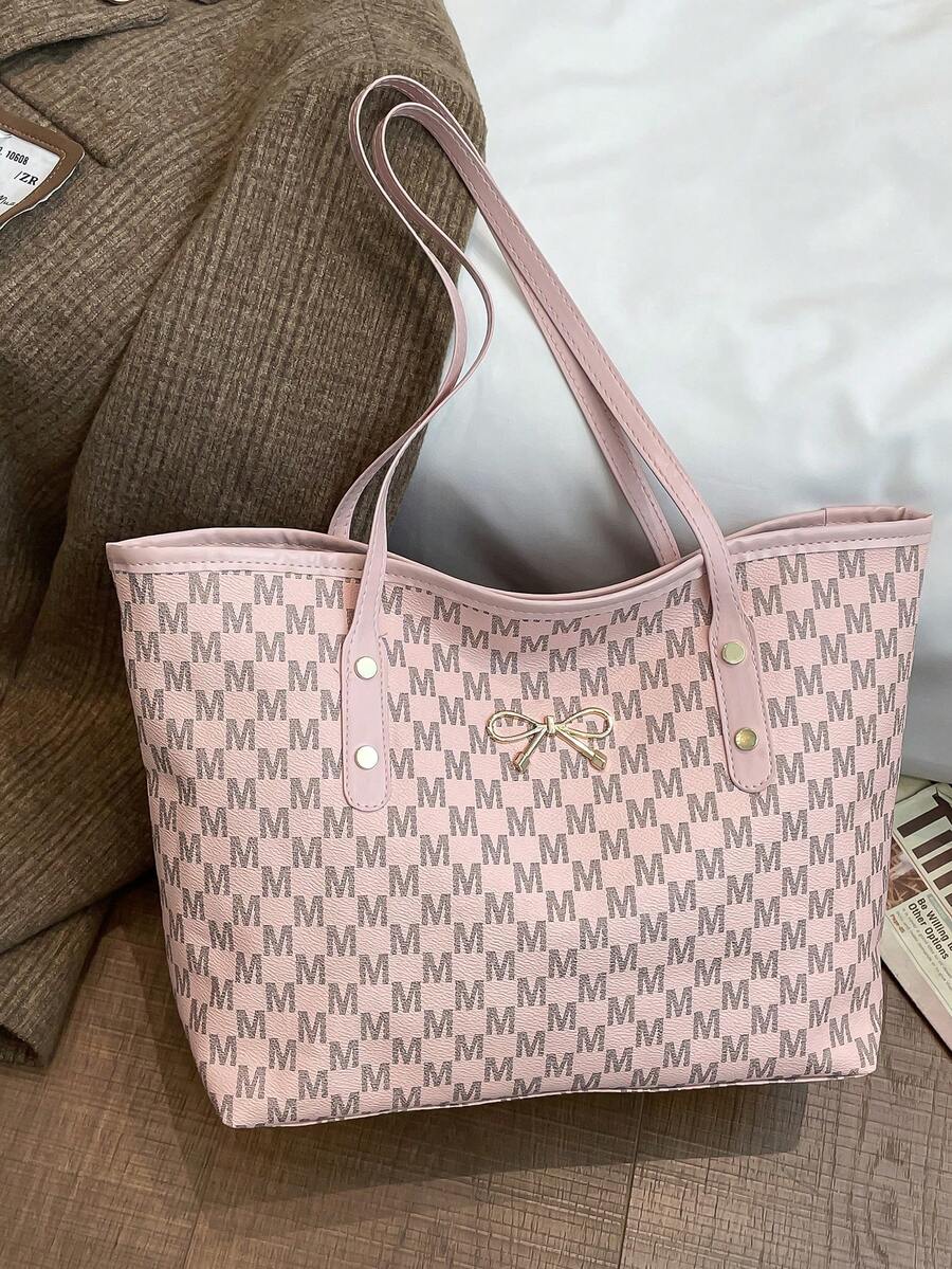 简约时尚大容量手提包，饰有蝴蝶结，拉链开口，轻巧纯色，配有双提手和肩带。适合女性日常生活、休闲、通勤、工作和学生使用。 - 粉色 - 查看 1