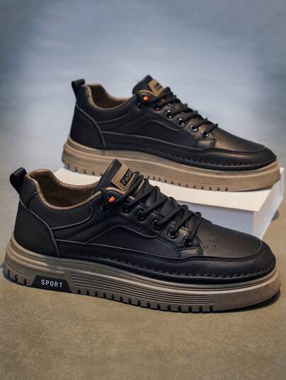 Men's Casual Sneakers, New Thick Sole Heightening Wear-Resistant PU Leather Comfortable Men's Skate Shoes, Outdoor Daily Commute Casual Business Work Men's Skateboard Shoes, Stitching Patchwork Outdoor Sports Low-Top Lace-Up Round Toe Young Campus Style Men's White Shoes